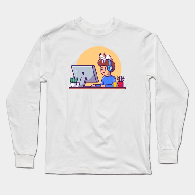 Male working on computer with cat 1 Long Sleeve T-Shirt by Catalyst Labs